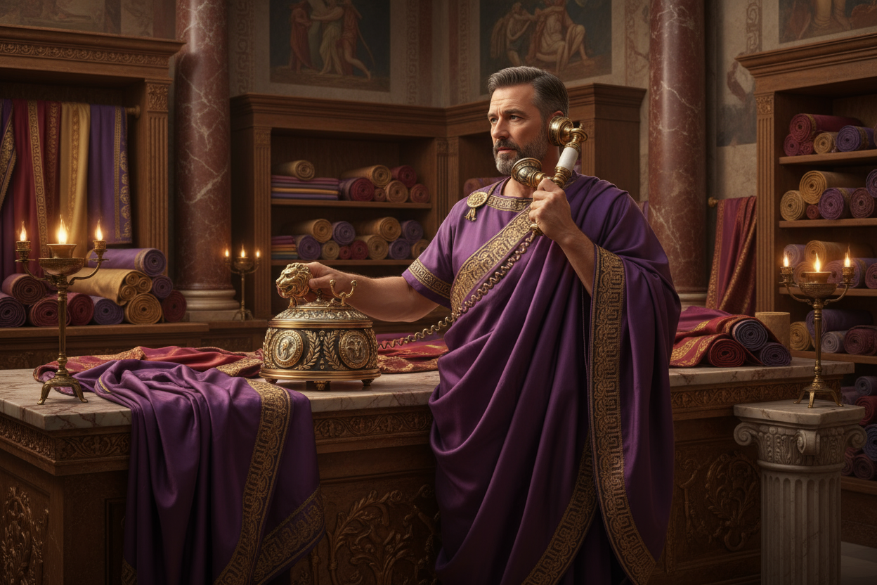 imagine telephone was invented in roman empire, there is a luxury fabrics merchant using it in that era. Make it look premium and set in that time.