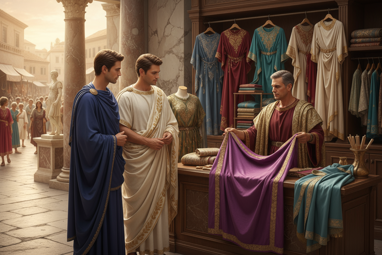 Create a roman empire gay couple shopping for premium clothes in roman empire