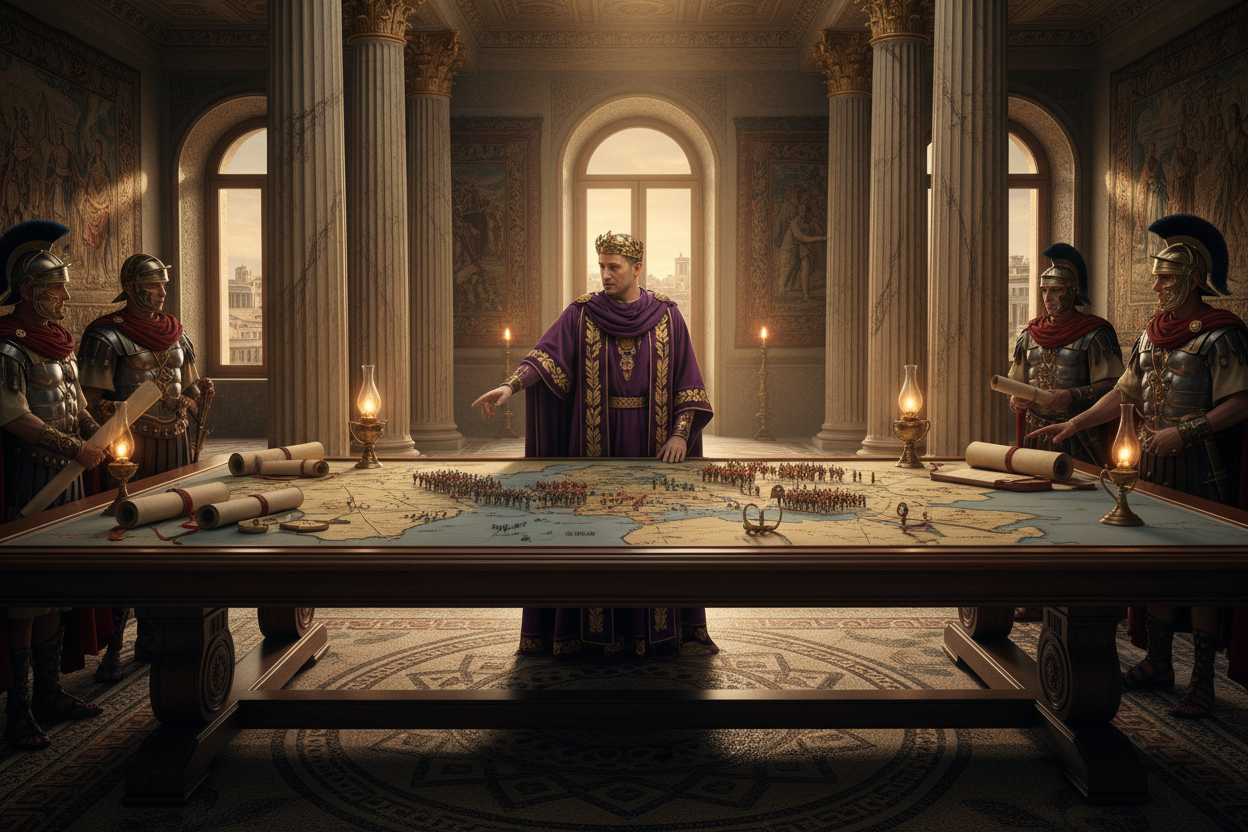 Generate an image of a Roman Emperor mapping out a war strategy set in Roman Empire era in his beautiful palace.