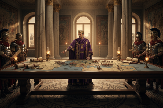 Generate an image of a Roman Emperor mapping out a war strategy set in Roman Empire era in his beautiful palace.