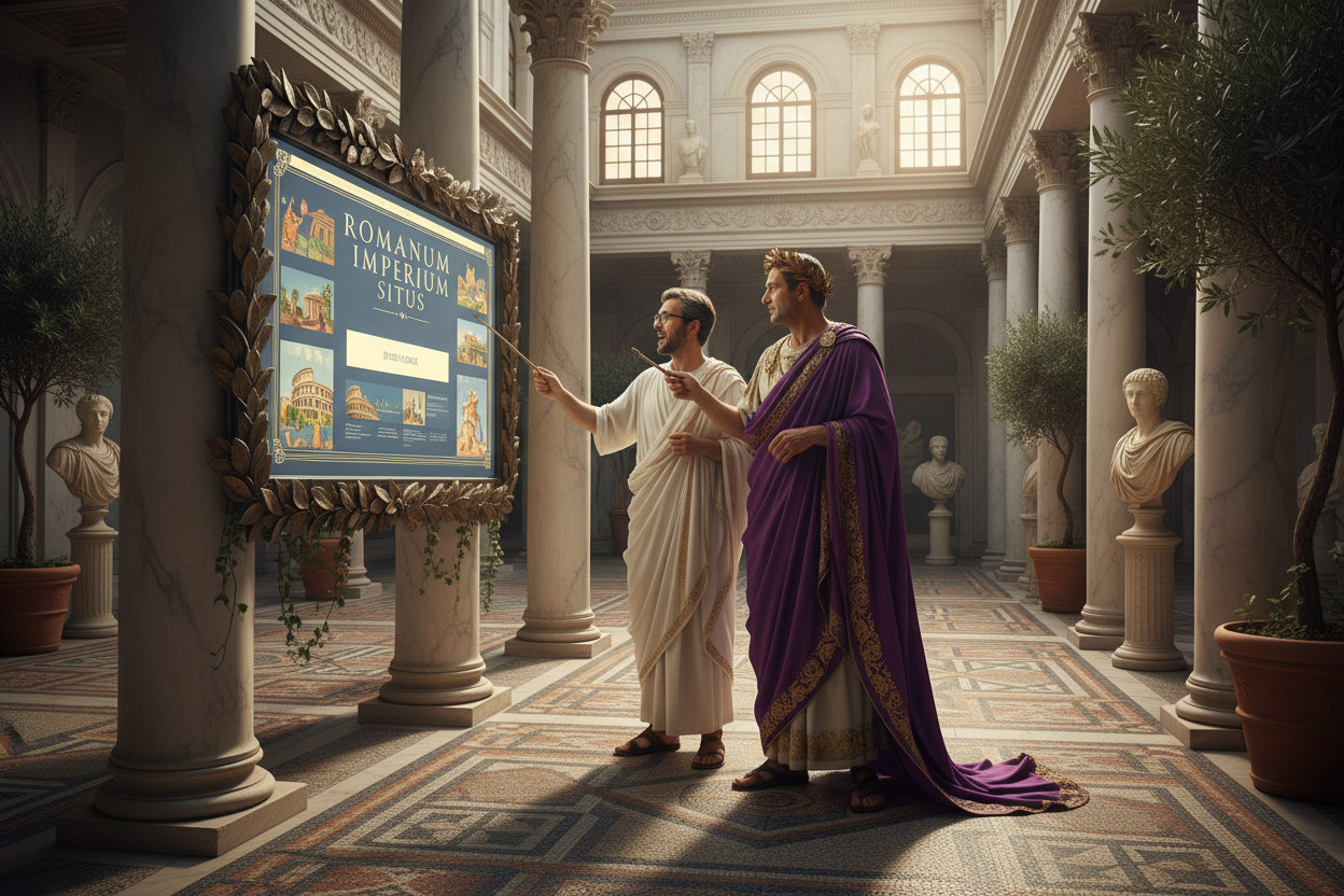 Imagine a flat screen computer was invented in Roman Empire era. An Emperor is present in his beautiful spacious room filled with statues and plants. He is accompanied by a website specialist who is pointing out design changes to ROMAN EMPIRE WEBSITE. Website specialist points out at the magnificent Roman Empire era computer.